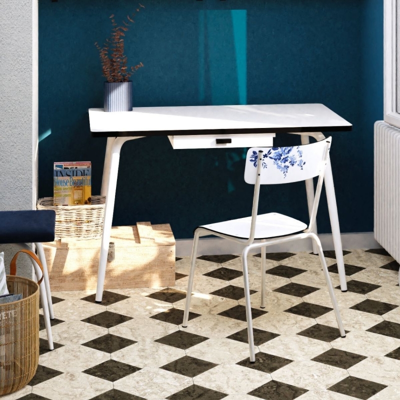 Chaise d’écolier Adulte Suzie – imprimé Dossier vaisselle d'antan - Assise Blanc- Pieds Blancs