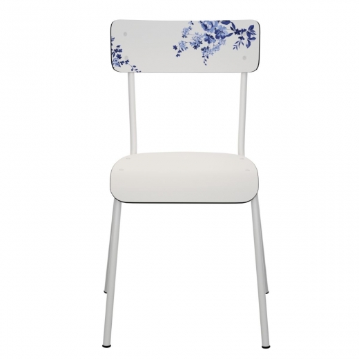Chaise d’écolier Adulte Suzie – imprimé Dossier vaisselle d'antan - Assise Blanc- Pieds Blancs