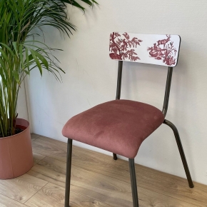 Chaise d’écolier Adulte Suzie bicolore imprimé toile de jouy & Velours Bois de Rose Pieds bruts