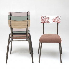 Chaise d’écolier Adulte Suzie bicolore imprimé toile de jouy & Velours Bois de Rose Pieds bruts