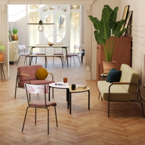 Chaise d’écolier Adulte Suzie bicolore imprimé toile de jouy & Velours Bois de Rose Pieds bruts
