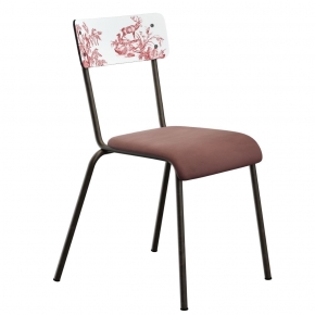 Chaise d’écolier Adulte Suzie bicolore imprimé toile de jouy & Velours Bois de Rose Pieds bruts