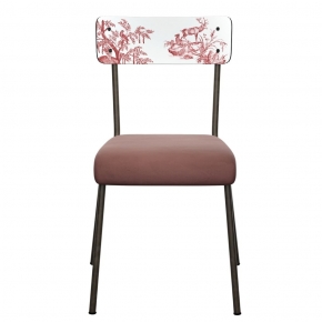 Chaise d’écolier Adulte Suzie bicolore imprimé toile de jouy & Velours Bois de Rose Pieds bruts