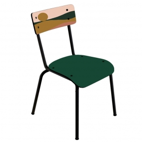 Chaise d’écolier Adulte Suzie – Dossier imprimé Sunset et Assise vert forêt pieds noirs