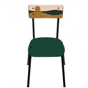 Chaise d’écolier Adulte Suzie – Dossier imprimé Sunset et Assise vert forêt - Pieds Noirs