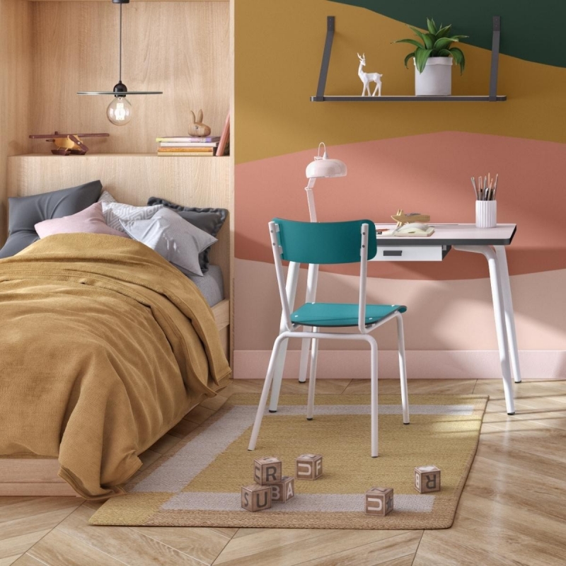 Chaise d’écolier Adulte Suzie Stratifié Dossier & Assise uni Bleu Canard - Pieds Blancs