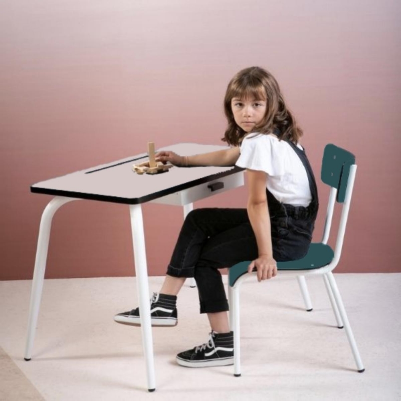 Chaise d'écolier Enfant Colette - Dossier & Assise uni Bleu Canard - Pieds blancs