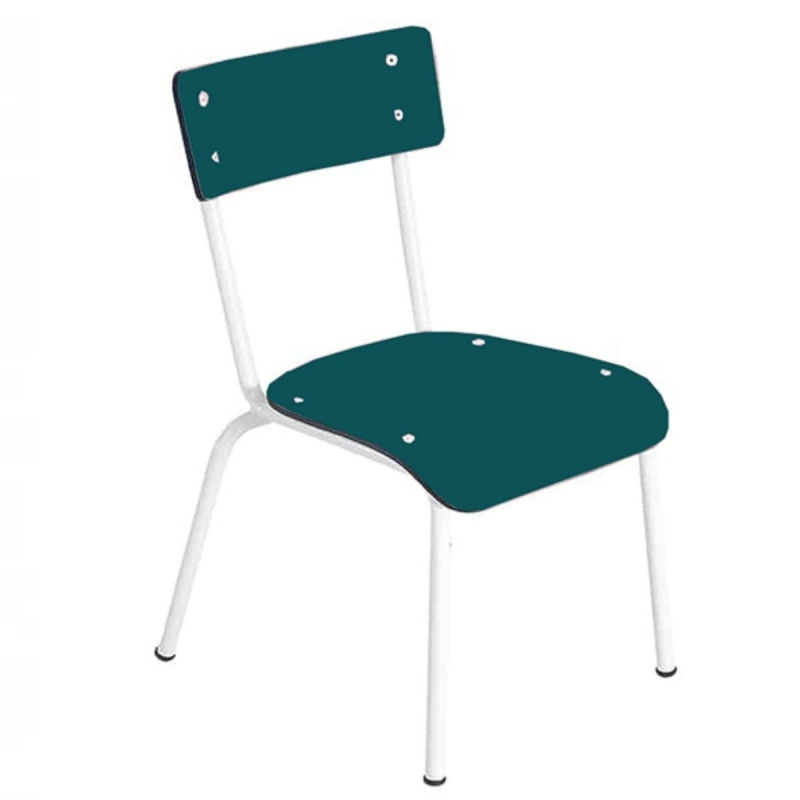 Chaise d'écolier Enfant Colette - Dossier & Assise uni Bleu Canard - Pieds blancs