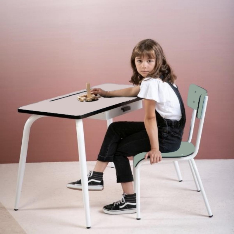 Chaise d'écolier Enfant Colette - Dossier & Assise uni Kaki - Pieds blancs