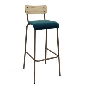 Chaise de Bar Suzie 75cm – Bicolore Dossier Stratifié Bois Clair & Assise en Velours Bleu Canard - Pieds Bruts