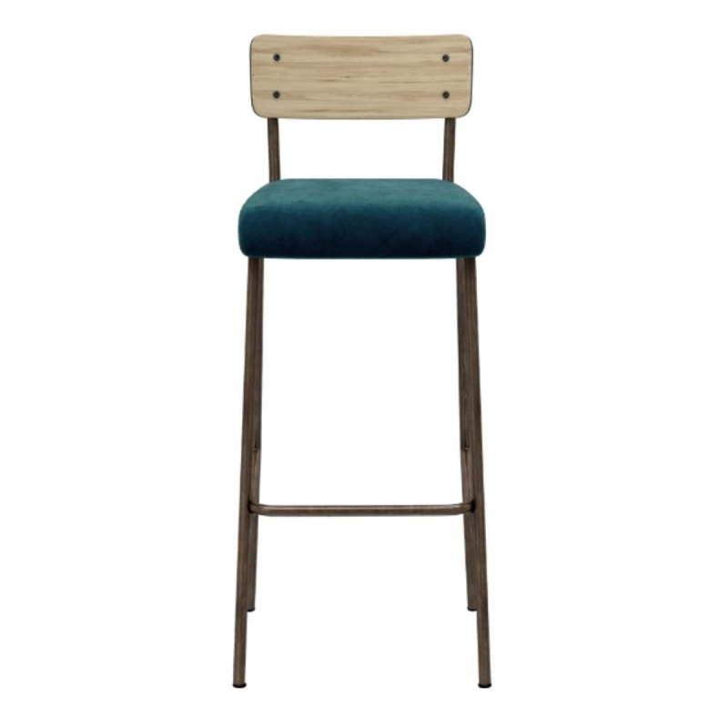 Chaise de Bar Suzie 75cm – Bicolore Dossier Stratifié Bois Clair & Assise en Velours Bleu Canard - Pieds Bruts