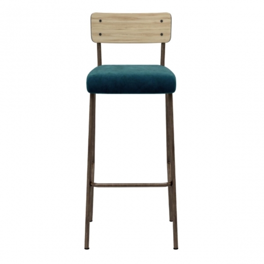 Chaise de bar Suzie 75cm – bicolore chêne clair & Velours Bleu Canard Pieds bruts