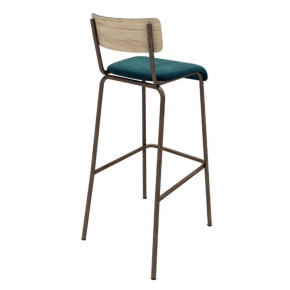 Chaise de Bar Suzie 75cm – Bicolore Dossier Stratifié Bois Clair & Assise en Velours Bleu Canard - Pieds Bruts