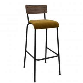 Chaise de Bar Suzie 75cm – Bicolore Dossier Stratifié Bois Foncé & Assise en Velours Jaune Ocre - Pieds Noirs