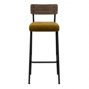 NEW - Chaise de Bar Suzie 75cm – Bicolore Dossier Stratifié Bois Foncé & Assise en Velours Jaune Ocre - Pieds Noirs