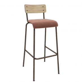 Chaise de Bar Suzie 75cm – Bicolore Dossier Stratifié Bois Clair & Assise en Velours Bois de Rose - Pieds Bruts