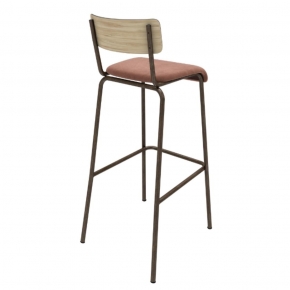 Chaise de Bar Suzie 75cm – Bicolore Dossier Stratifié Bois Clair & Assise en Velours Bois de Rose - Pieds Bruts