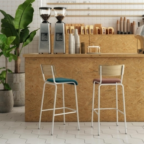 Chaise de Bar Suzie 75cm – Bicolore Dossier Stratifié Bois Clair & Assise en Velours Bois de Rose - Pieds Bruts