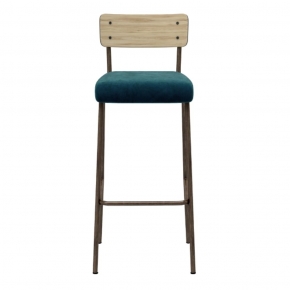 Chaise de bar Suzie 65cm – bicolore chêne clair & Velours Bleu Canard Pieds bruts