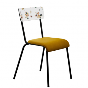 Chaise d’écolier Adulte Suzie bicolore Dossier imprimé Fleurs des champs & Assise Velours Jaune Ocre - Pieds Noirs