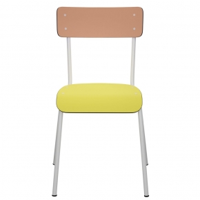 Chaise d’écolier Adulte Suzie bicolore Dossier Stratifié Corail & Assise Jaune Citron - Pieds Blancs