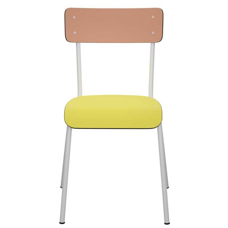 Chaise d’écolier Adulte Suzie bicolore Dossier Stratifié Corail & Assise Jaune Citron - Pieds Blancs
