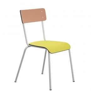 Chaise d’écolier Adulte Suzie bicolore Dossier Stratifié Corail & Assise Jaune Citron - Pieds Blancs