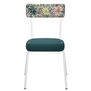 Chaise d’écolier Adulte Suzie Dossier imprimé Happy & Assise Bleu Canard - Pieds Blancs