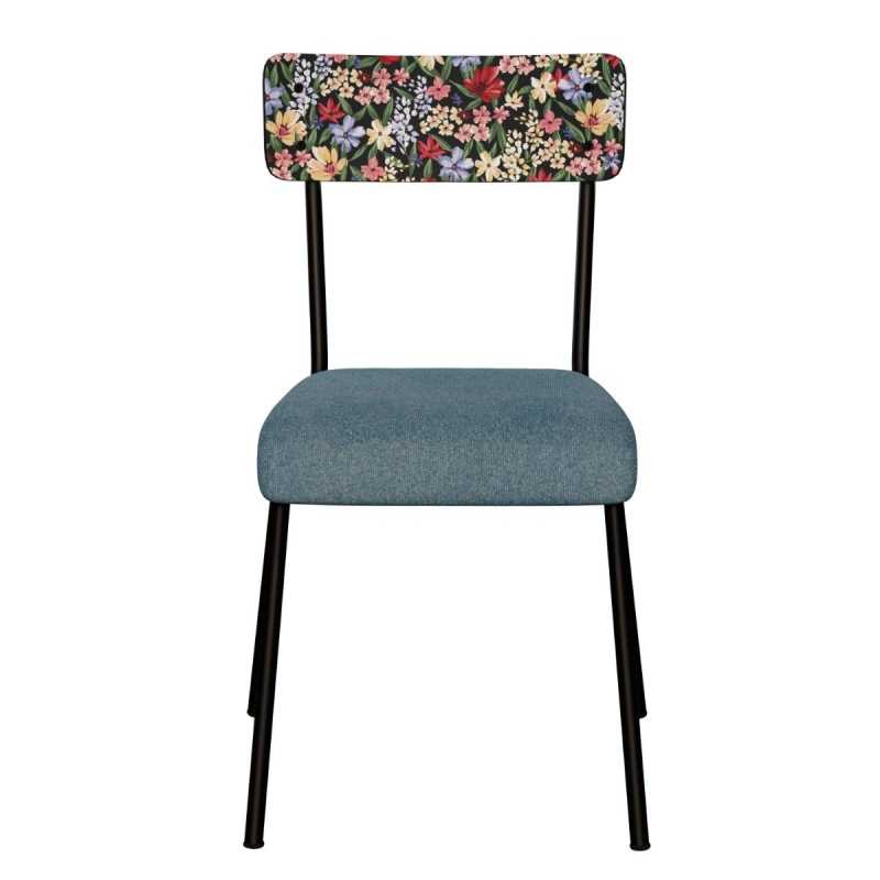 Chaise d’écolier Adulte Suzie dossier imprimé Tulum & Assise Feutrine Bleu Minéral - Pieds Noirs