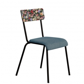 Chaise d’écolier Adulte Suzie dossier imprimé Tulum & Assise Feutrine Bleu Minéral - Pieds Noirs