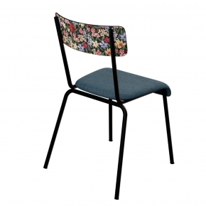 Chaise d’écolier Adulte Suzie dossier imprimé Tulum & Assise Feutrine Bleu Minéral - Pieds Noirs