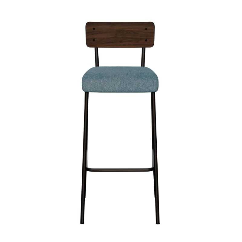 Chaise de bar Suzie 65cm – bicolore stratifié bois foncé & Feutrine Bleu Minéral - Pieds Noirs
