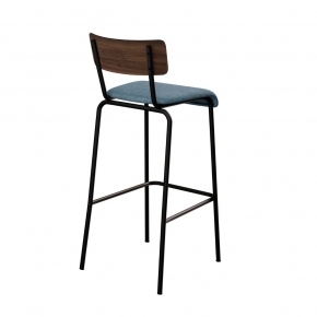 Chaise de bar Suzie 65cm – bicolore stratifié bois foncé & Feutrine Bleu Minéral - Pieds Noirs