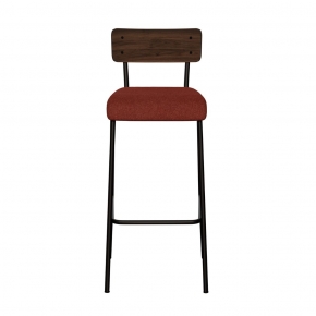 Chaise de bar Suzie 65cm – Bicolore Dossier Stratifié bois foncé & Assise en Feutrine Bordeaux - Pieds Noirs