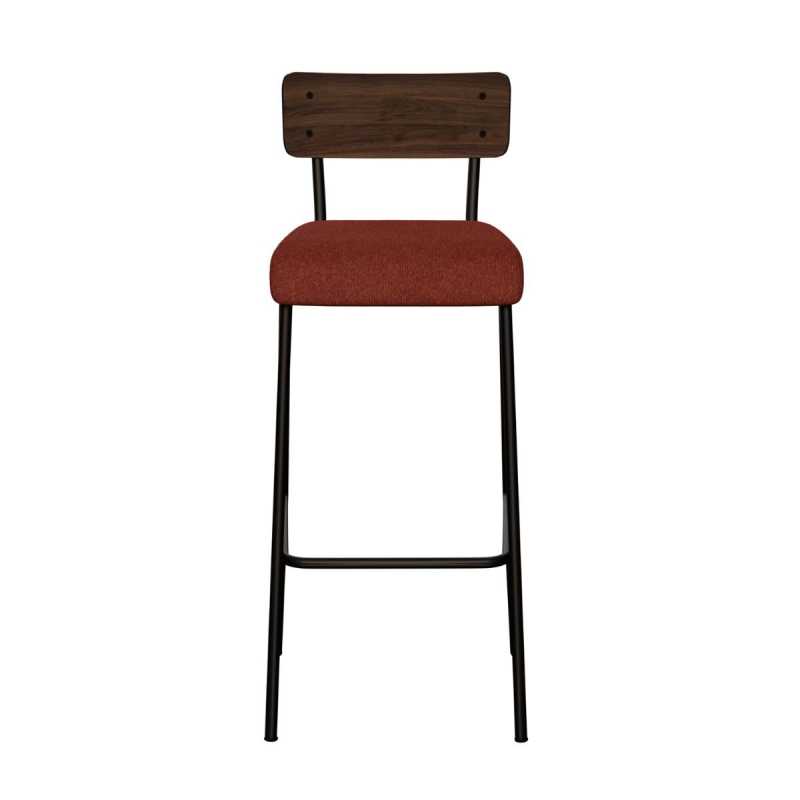Chaise de bar Suzie 65cm – Bicolore Dossier Stratifié bois foncé & Assise en Feutrine Bordeaux - Pieds Noirs