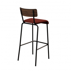 Chaise de bar Suzie 65cm – Bicolore Dossier Stratifié bois foncé & Assise en Feutrine Bordeaux - Pieds Noirs