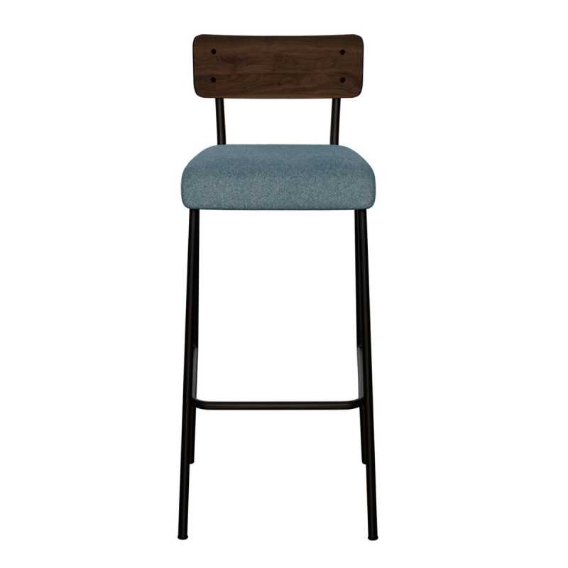 Chaise de Bar Suzie 75cm – Bicolore Dossier Stratifié Bois Foncé & Assise en Feutrine Bleu Minéral - Pieds Noirs