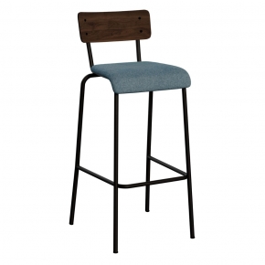 Chaise de Bar Suzie 75cm – Bicolore Dossier Stratifié Bois Foncé & Assise en Feutrine Bleu Minéral - Pieds Noirs