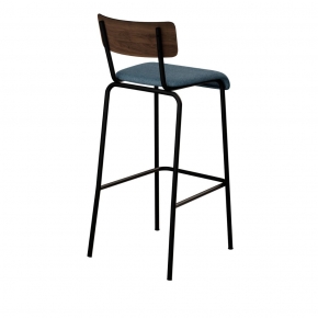 Chaise de Bar Suzie 75cm – Bicolore Dossier Stratifié Bois Foncé & Assise en Feutrine Bleu Minéral - Pieds Noirs