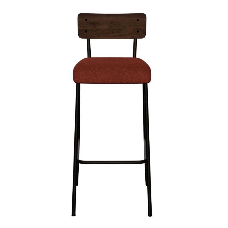 Chaise de Bar Suzie 75cm – Bicolore Dossier Stratifié Bois foncé & Assise en Feutrine Bordeaux - Pieds Noirs