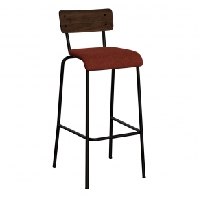 Chaise de Bar Suzie 75cm – Bicolore Dossier Stratifié Bois foncé & Assise en Feutrine Bordeaux - Pieds Noirs