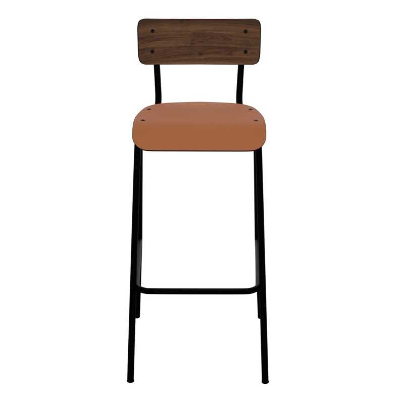 Chaise de bar Suzie 75cm – Bicolore Dossier Stratifié Bois Foncé & Assise Paprika - Pieds Noirs