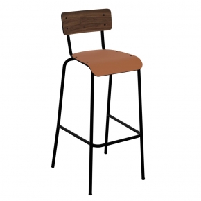 Chaise de bar Suzie 75cm – Bicolore Dossier Stratifié Bois Foncé & Assise Paprika - Pieds Noirs