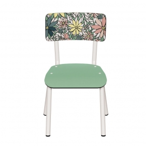 Chaise d’écolier Enfant Little Suzie bicolore – Dossier imprimé Happy & Assise Vert Sauge Pieds Blancs