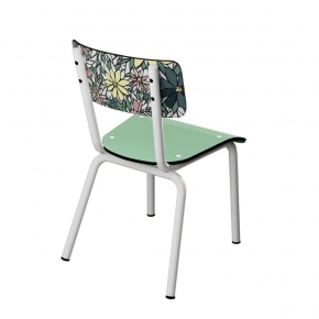Chaise d’écolier Enfant Little Suzie bicolore – Dossier imprimé Happy & Assise Vert Sauge Pieds Blancs