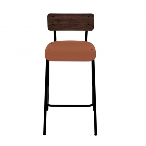 Chaise de bar Suzie 65cm – Bicolore Dossier Stratifié Bois Foncé & Assise Paprika - Pieds Noirs