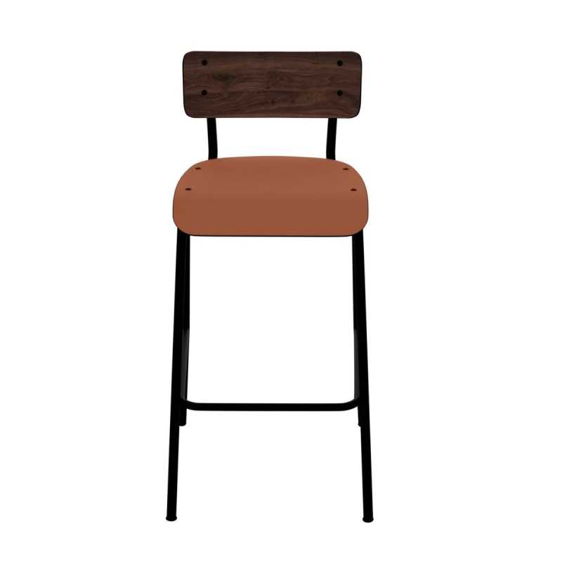Chaise de bar Suzie 65cm – Bicolore Dossier Stratifié Bois Foncé & Assise Paprika - Pieds Noirs