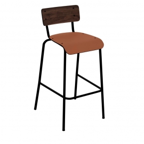 Chaise de bar Suzie 65cm – Bicolore Dossier Stratifié Bois Foncé & Assise Paprika - Pieds Noirs
