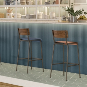 Chaise de bar Suzie 65cm – bicolore stratifié bois foncé & Feutrine Bleu Minéral - Pieds Noirs