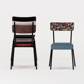 Chaise d’écolier Adulte Suzie dossier imprimé Tulum & Assise Feutrine Bleu Minéral - Pieds Noirs